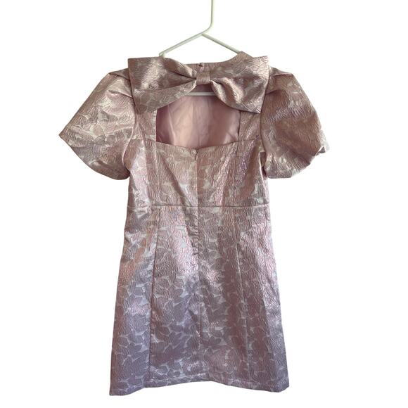 TCEC Pink Metallic Jacquard Dress Puff Sleeve Open Back Bow Size medium - Picture 5 of 8